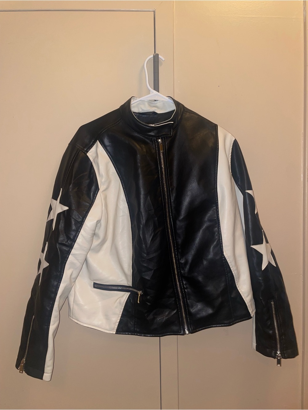 Fashion Nova Black and White Star Moto Leather Jacket